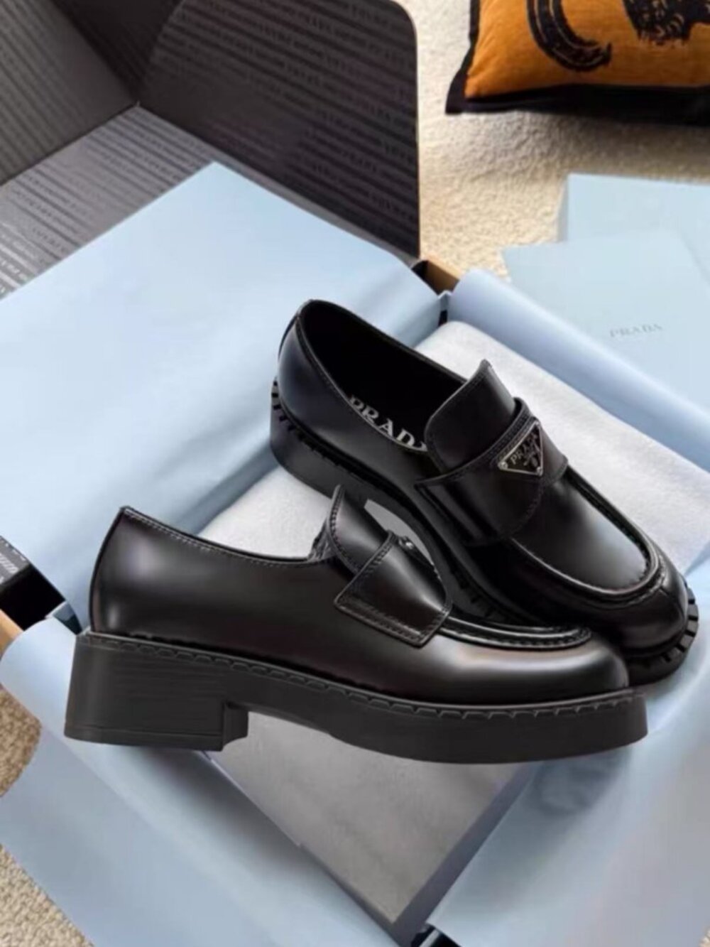 PRADA Triangle Logo Thick Sole Leather Loafer Shoes